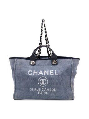 Chanel Deauville GM 2-Way Chain Tote Logo Shoulder Canvas Leather Blue
